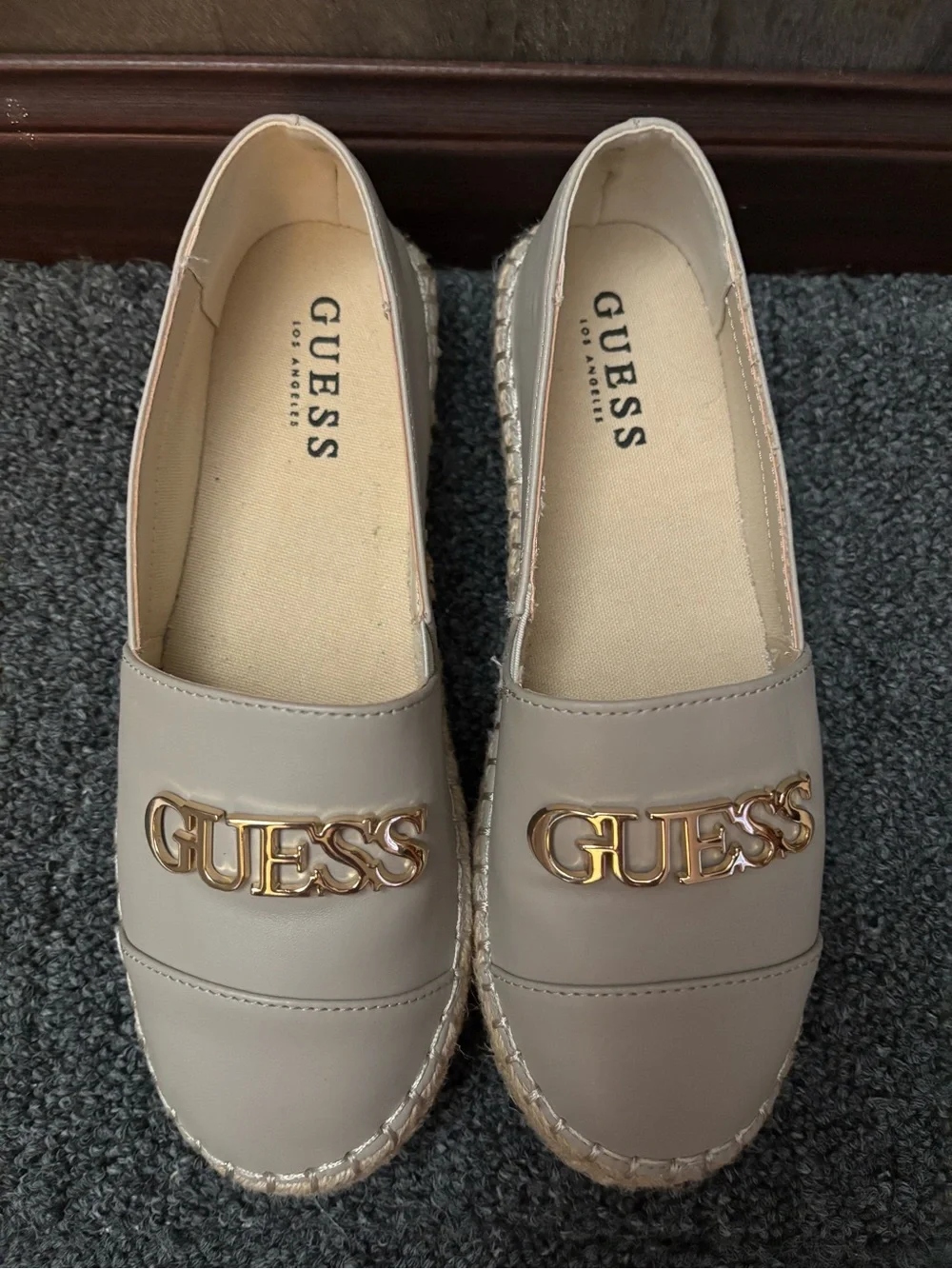 GUESS Taupe Slip-On Espadrilles with Gold Logo